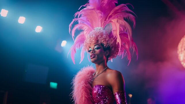 male drag queen showgirl outfit with pink feathers