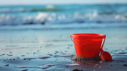 An orange bucket and shovel are resting on the sandy beach, surrounded by azure water and a clear sky in a coastal ecoregion. A perfect spot for leisure and travel in this natural coastal landscape