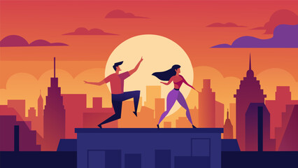 Naklejka premium As the sun sets over the city skyline two pairs of dancers take to the rooftop lost in the magic of the moment.. Vector illustration