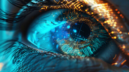 A closeup of an eye with an iris in the form of a fingerprint
