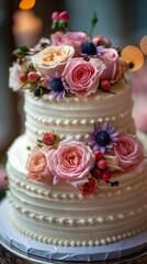 Wedding Cake Adorned With Flowers