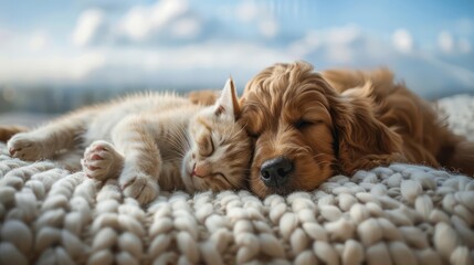 A cat and a dog are sleeping together on a blanket. The cat is laying on the left side of the dog, and the dog is laying on the right side of the cat. The scene is peaceful and cozy