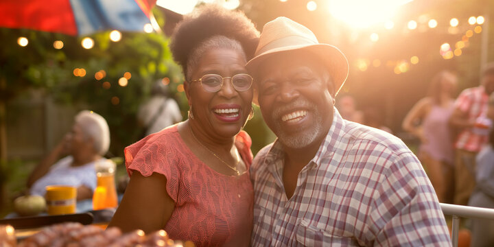 Happy cheerful couple having great time at at BBQ party. Elderly man and woman celebrating 4th of July outdoors with their friends and family.