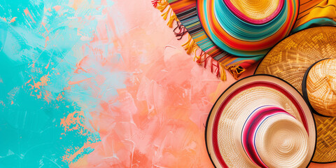 Top down view of Cinco de Mayo festive elements on pastel background. Colorful flat lay with traditional Cinco de Mayo decor and party accessories.