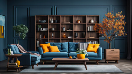 Experience the exquisite charm of a dark living room interior, featuring a blue sofa with wooden...