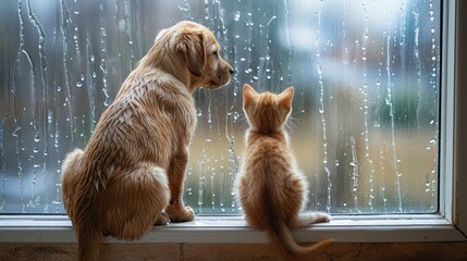 A dog and a cat are sitting next to each other looking out the window