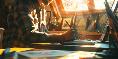 Freelance graphic designer in a cozy attic workspace, surrounded by inspirational art, working on a...