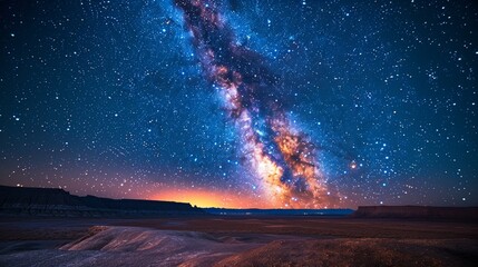 A starry night sky over a peaceful desert landscape, perfect for an astronomy-themed YouTube thumbnail with text space on the left.