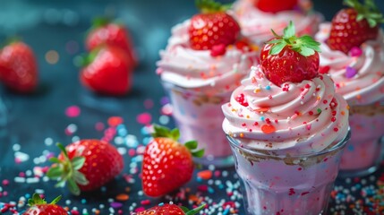 A close up of a dessert with strawberries and sprinkles. The dessert is a cupcake with a strawberry on top