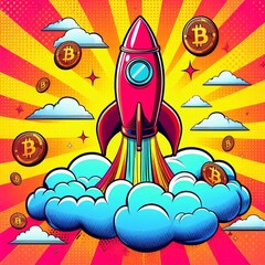 Fototapeta premium Rocket in clouds. Pop art style. AI generated illustration