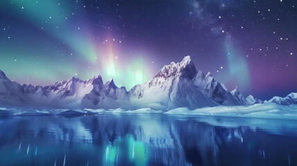 Beautiful northern lights in the sky over snow mountains with reflection on the lake, Norway. Aurora Borealis. Starry night landscape. Night winter nature background. Green polar lights.