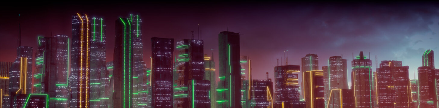 Futuristic City Skyline with Orange and Green Neon lights. Night scene with Visionary Architecture.