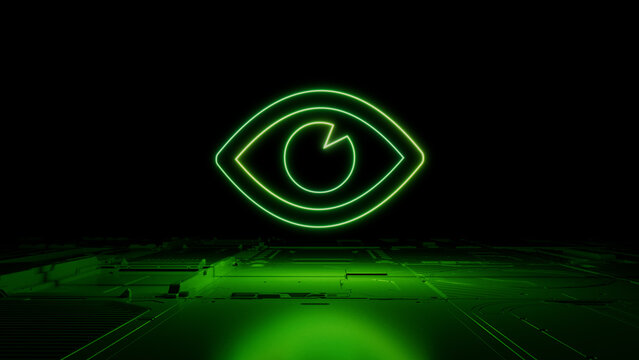Green neon light eye icon. Vibrant colored Vision technology symbol, on a black background with high tech floor. 3D Render