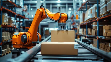 Industrial robot arm stacking boxes on a conveyor belt in a warehouse