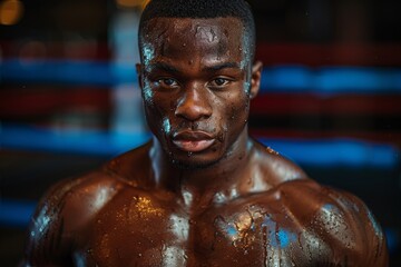 Intense portrait of a focused boxer with sweat beads reflecting light and emotion