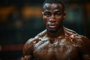 Close-up of a determined boxer with sweat and a serious expression, ready for challenge
