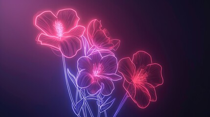 Minimalist neon line art of flower with vibrant and various color and blue background. Each line, glowing with an ethereal luminosity, conveys the essence of petals, stems, and leaves. AIG42.