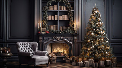 Interior Christmas. Decorated Christmas Tree inside the living room with copy space is a vision of holiday elegance and warmth