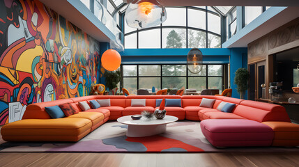 Interior design of colorful living room, the interior concept of Memphis design adds a playful and artistic touch to the decor