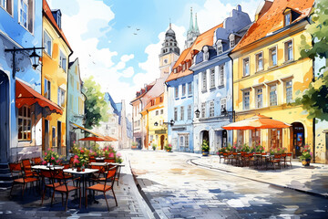A quaint cobblestone alley lined with charming cafes and colorful buildings in a European city,...