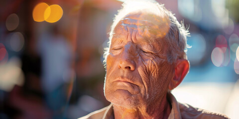 Exhausted elderly person suffering from heat wave on a city street under direct sunlight, mirages blurring the urban horizon.