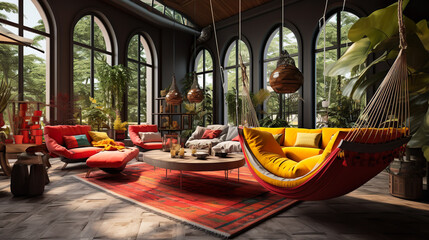 Obraz premium Interior of a stylish living room with a red hammock, a yellow sofa, and a tasteful coffee table, offering a vibrant and luxurious space