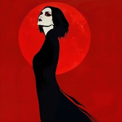 woman and red moon. Generated AI.