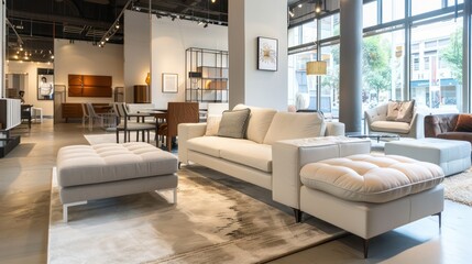 A contemporary furniture showroom interior, featuring a well-lit, spacious layout with a variety of modern sofas, tables, and decor