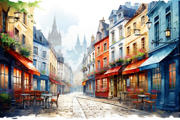 A quaint cobblestone alley lined with charming cafes and colorful buildings in a European city,...