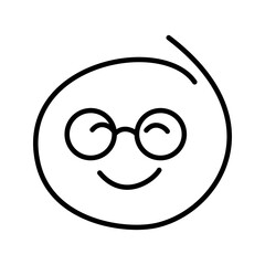 Black and white drawing of an embarrassed, pleased, shy emoticon, smiley bespectacled man wearing round glasses with closed eyes smiling. Close your eyes in embarrassment - obrazy, fototapety, plakaty