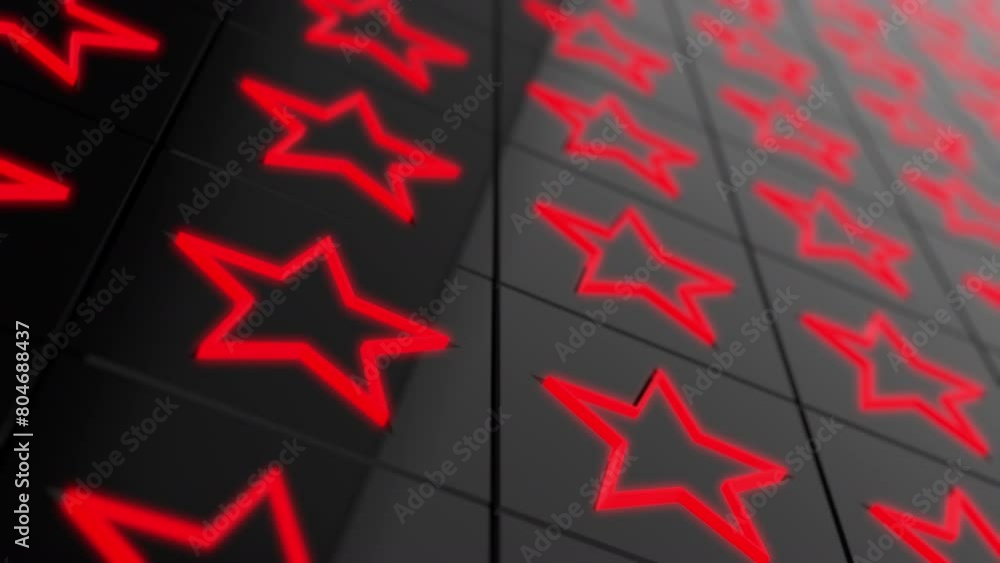 Poster seamless looping 3d animation of an abstract background with red stars on black metallic background