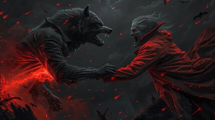 With vivid colors and dynamic composition, werewolf vs vampire art creates a sense of urgency and danger in their battle, highresolution ,