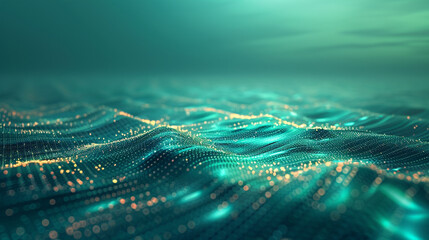 Abstract digital art with glowing cyber particles over a gradient of ocean blues and greens.