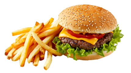 Cheeseburger and Fries Isolated on Transparent Background