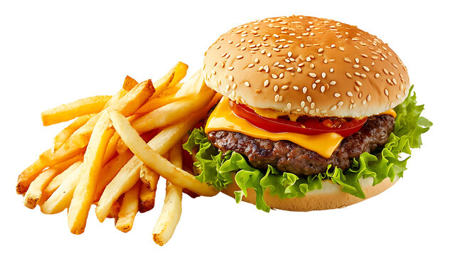 Cheeseburger and Fries Isolated on Transparent Background