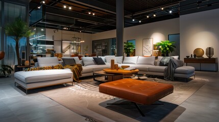 A sophisticated furniture store featuring well-arranged living room sets in a variety of textures and colors under warm lighting