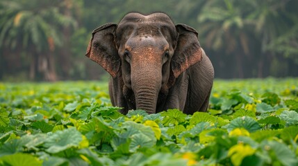 Fototapeta premium Elephant Standing in Field of Yellow Flowers