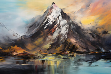 melancholic mountain peak by lake, abstract landscape art, painting background, wallpaper, generative ai