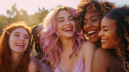 Obraz premium Portrait of multicultural women with luxurious bright hair having fun outdoors. Multiracial women in pink and purple colors pose for the camera. Fun concept.