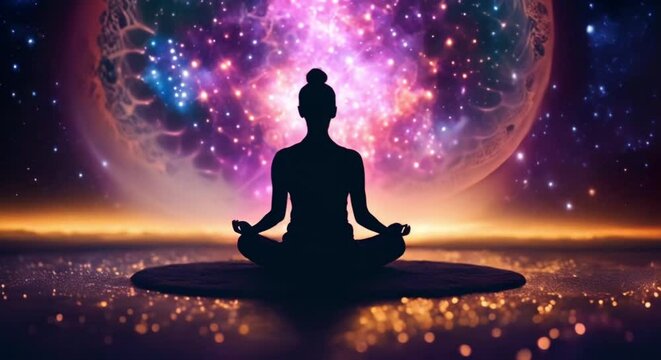 vertical 9:16 silhouette of a person meditating in front of cosmos