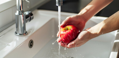 Washing big red apple with tap water from kitchen faucet. Safe to drink tap water. Washing fruits and vegetables before eating.