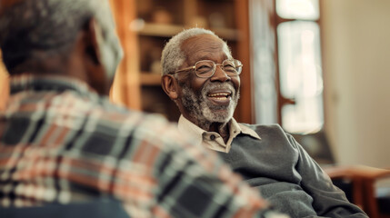 Fototapeta premium Elderly African American men communicate while sitting on the sofa in the living room. Two happy men spend time together in the living room. Concept of friendship, communication.