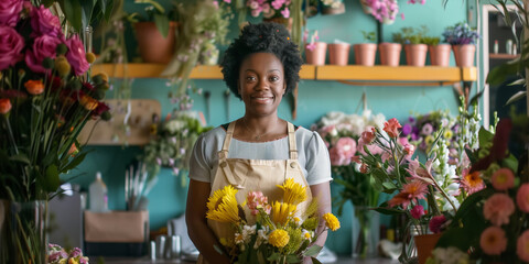 Beautiful young female florist working in flower shop on sunny morning. Young girl wearing apron surrounded by bunches of flowers. Small business. - Powered by Adobe