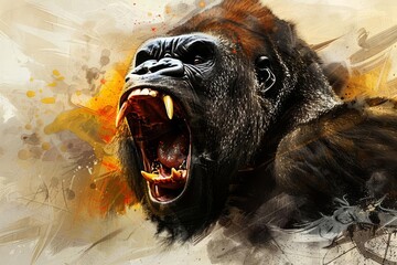 majestic gorilla roaring with powerful intensity digital painting - obrazy, fototapety, plakaty
