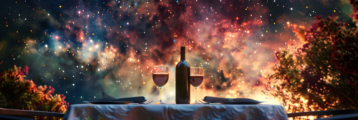 Enchanting Evening: Outdoor Dining Under a Starlit Sky with a Wine Setting for Two