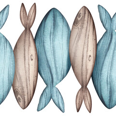 Beige and turquoise fish. Seamless pattern of sea inhabitants. Watercolor illustration of a children's toy made of wood. For background design, border, packaging, label