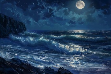 majestic ocean vista under a luminous full moon evoking a sense of tranquility and wonder digital painting