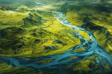 majestic river winding through serene icelandic landscape aerial view stunning nature scene digital painting - obrazy, fototapety, plakaty