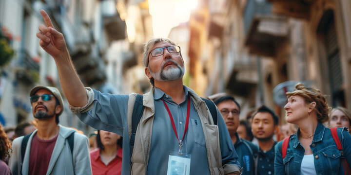 Tour guide leading a group of visitors to tourist attractions, giving them information and insights, pointing at local architecture.