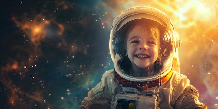 Cheerful child wearing astronaut suit in space. Kid in spacesuit watching meteorites and stars. Children dreams concept.